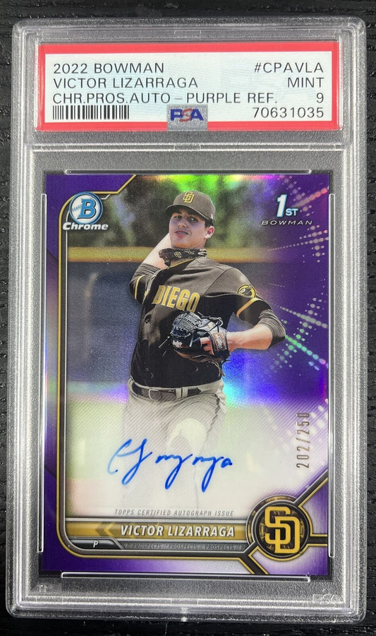 2022 BOWMAN CHROME VICTOR LIZARRAGA 1ST /250 AUTO Purple Refractor PSA 9