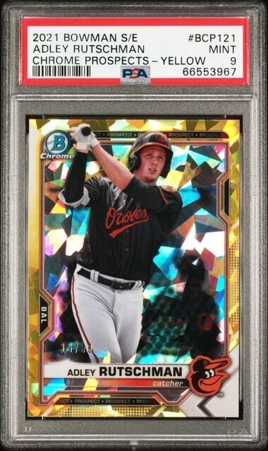 2021 Bowman Adley Rutschman RC Rookie Sapphire Yellow BCP121 /50 PSA 9