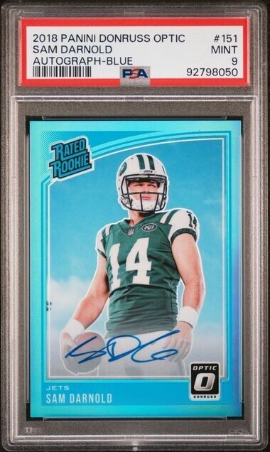 SAM DARNOLD 2018 DONRUSS OPTIC RATED ROOKIE BLUE PRIZM RC AUTO /75 PSA 9