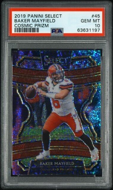 Baker Mayfield 2019 Select Football #45 Cosmic Prizm Parallel SSP PSA 9