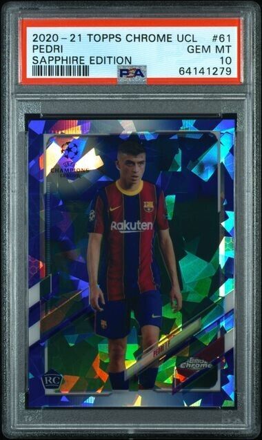 Pedri 2020-21 Topps Chrome UCL Sapphire Refractor Rookie #61 PSA 10