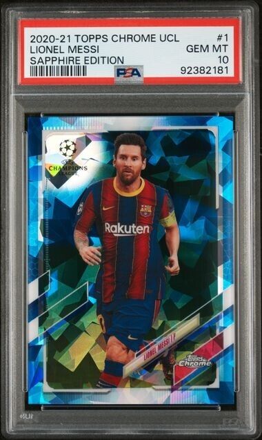 Lionel Messi 2020-21 Topps Chrome UCL Sapphire Refractor SP Rookie PSA 10