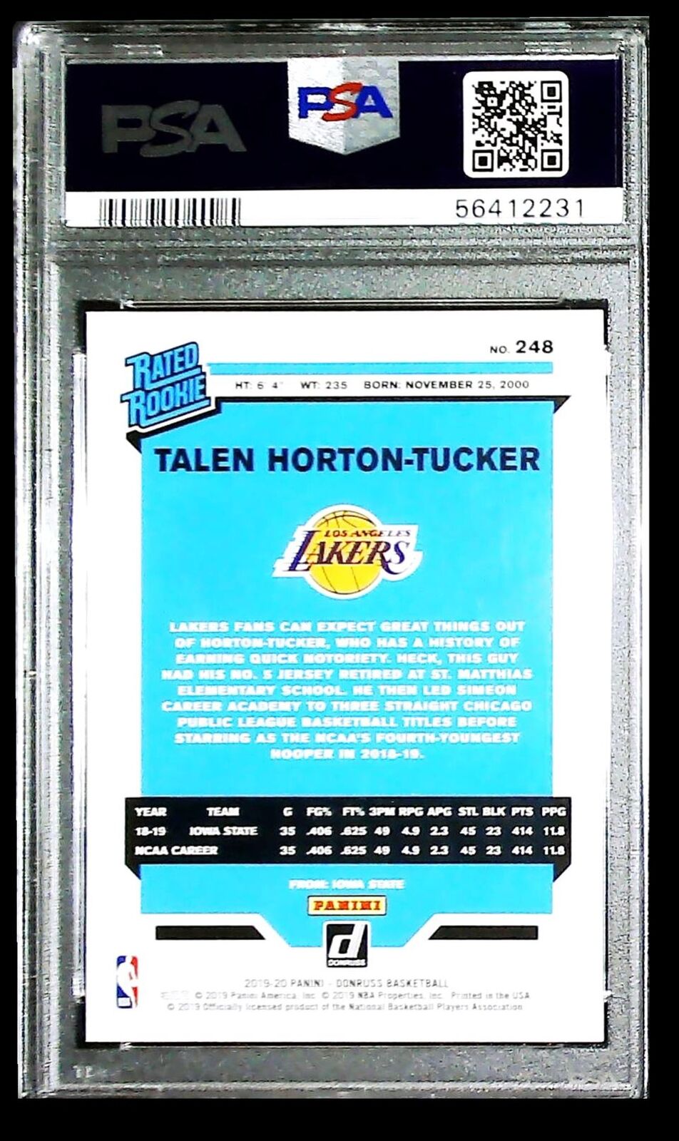 2019-20 Donruss Talen Horton-Tucker RC PSA 8 Los Angeles Lakers #248