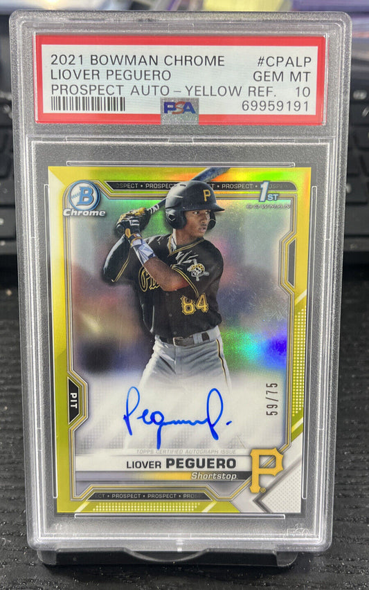 2021 Bowman Chrome Liover Peguero Yellow Refractor Prospect Auto #/75 PSA 10