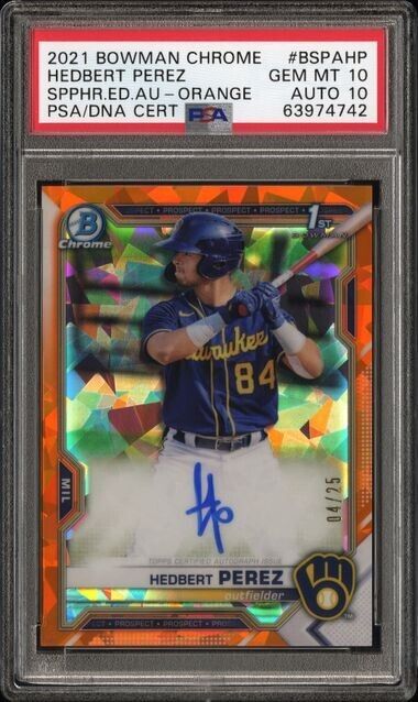 2021 Bowman Chrome Sapphire Edition Hedbert Perez Orange RC /25 Auto PSA 10