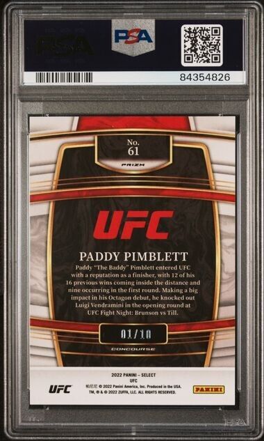 2022 UFC Select Concourse Paddy Pimblett Gold Prizm RC Rookie   /10 PSA 9