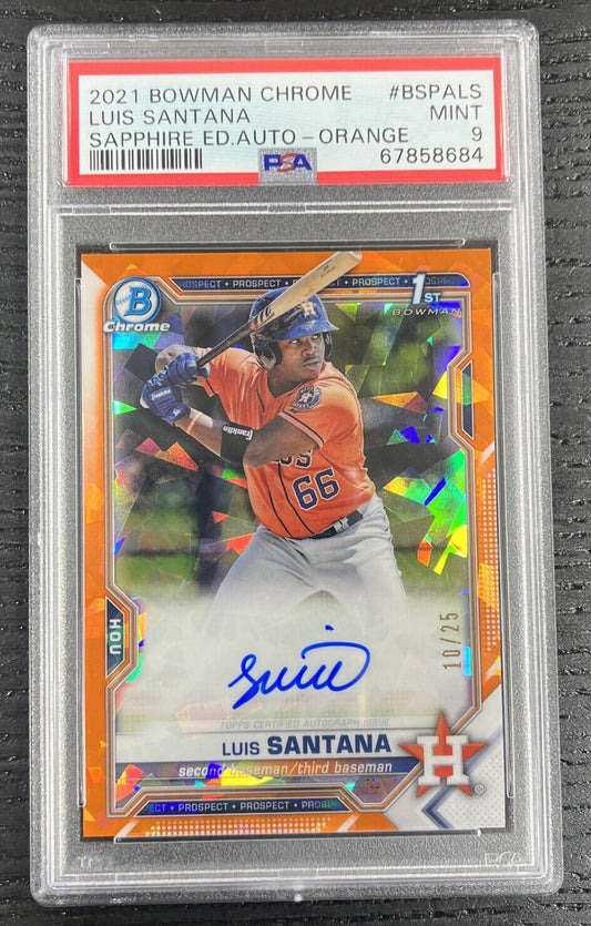 2021 Bowman Auto Sapphire Orange Luis Santana  /25 PSA 9