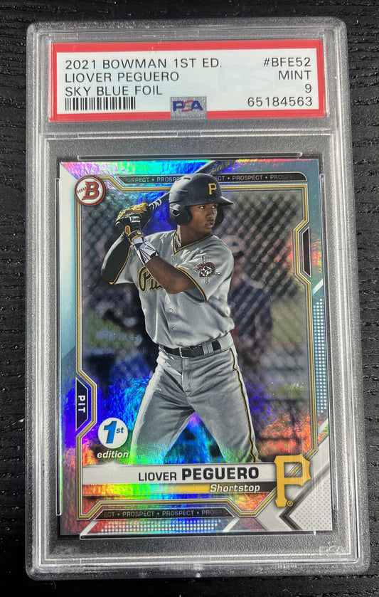 2021 Bowman Chrome Liover Peguero  Sky Blue Foil Pirates  PSA 9