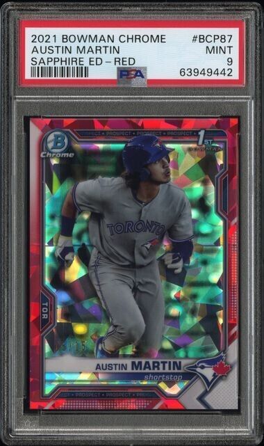 AUSTIN MARTIN 2021 Bowman Chrome SAPPHIRE RED REFRACTOR #/15 RC Rookie PSA 9