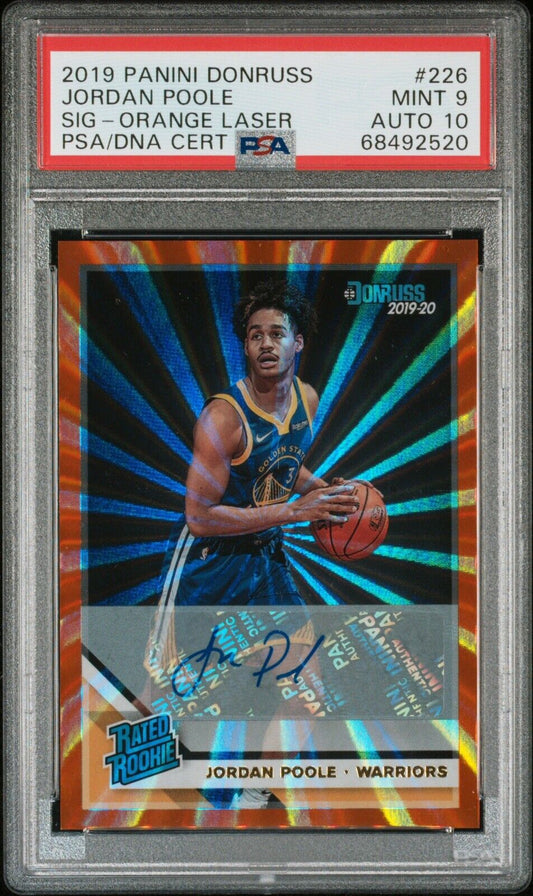 2019-20 Orange Laser Auto Jordan Poole PSA 10 Auto 9 Grade