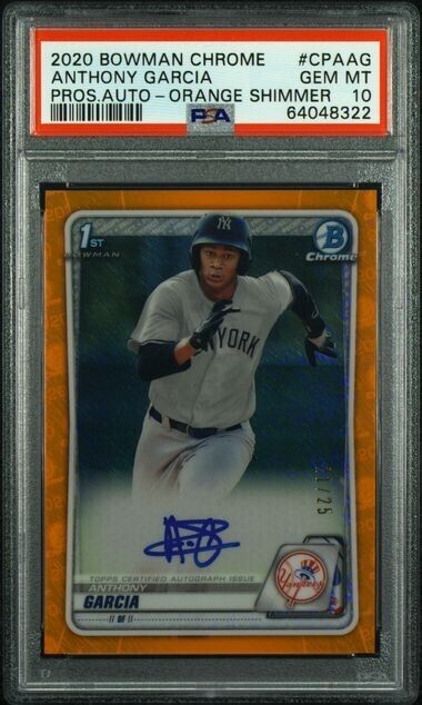 2020 BOWMAN CHROME ANTHONY GARCIA ORANGE SHIMMER PROSPECT AUTO /25 PSA 10