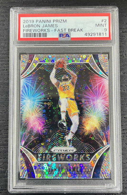 2019-20 Panini Fast Break Prizm Fireworks #2 LeBron James Lakers PSA 9 GEM MINT