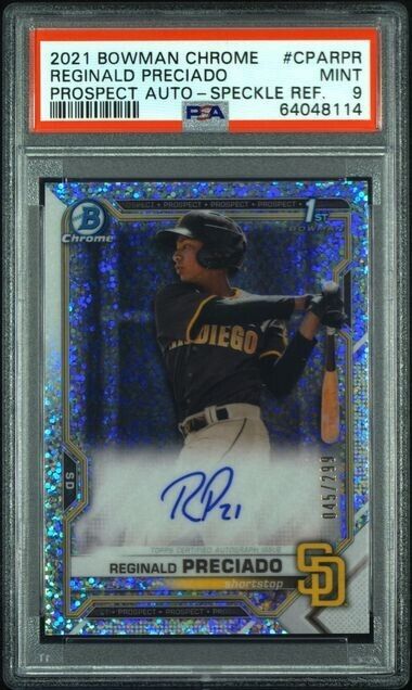 2021 Bowman Chrome Reginald Preciado Auto Speckle Refractor /299 RC Rookie PSA 9