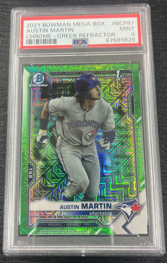 2021 bowman chrome 1st mega box green mojo refractor austin martin /99 PSA 9